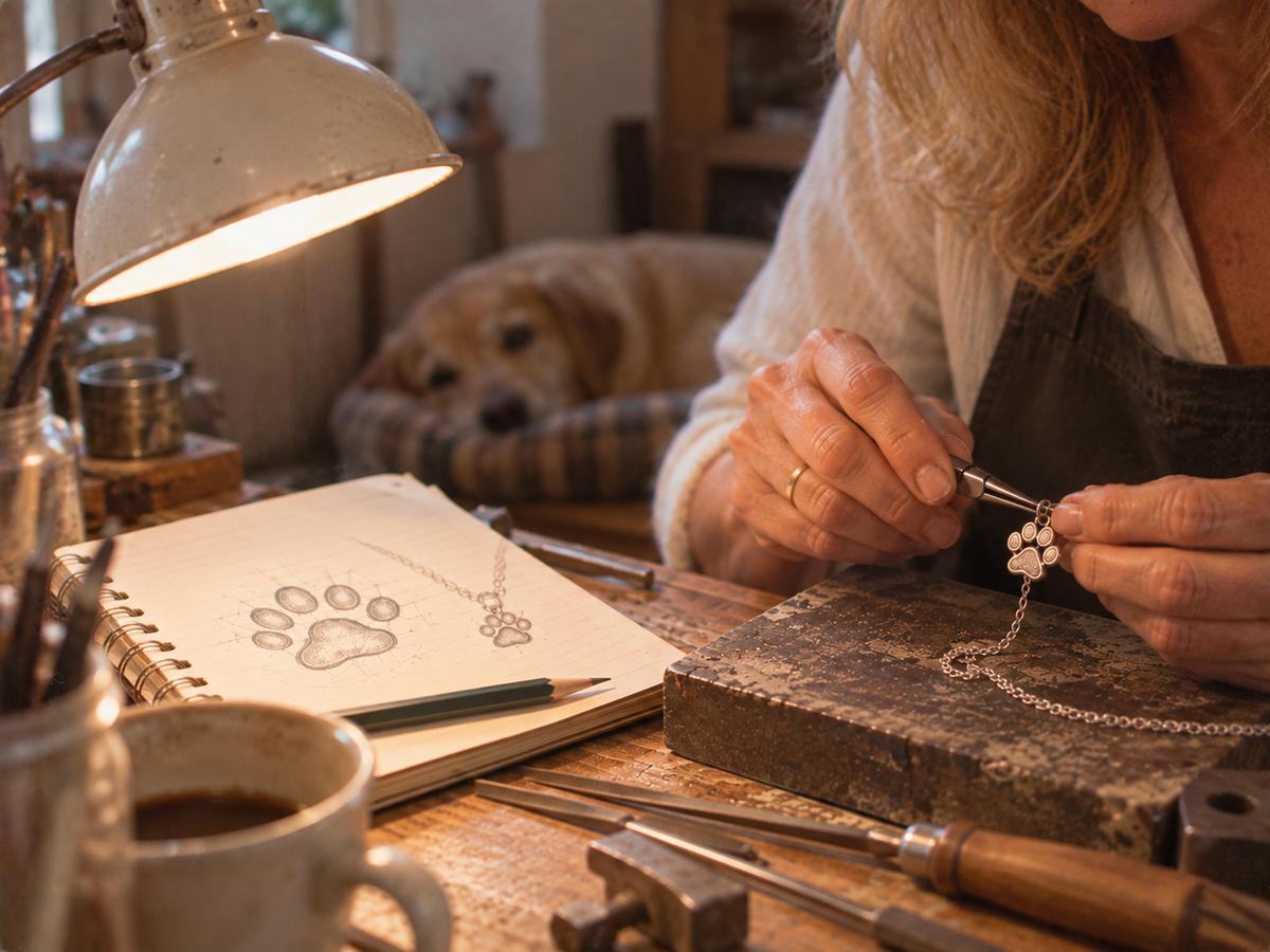 Rosalind making a paw-print pendant, with Biscuit beside the workbench.