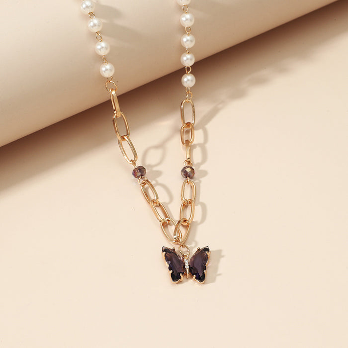 Purple Butterfly and Pearl Necklace