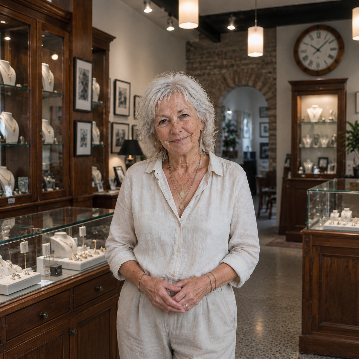 Rosalind today at her workbench, with her current jewelry.