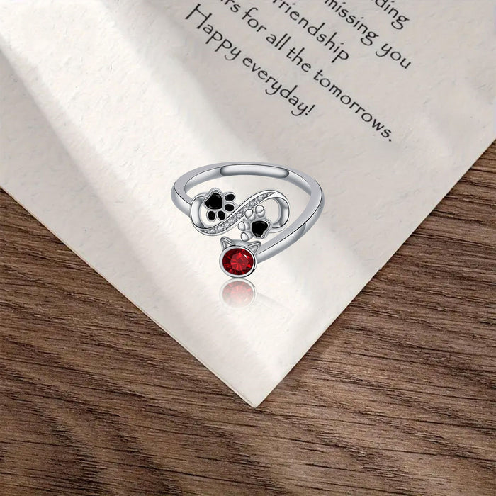 Paw and Red Heart Open Ring