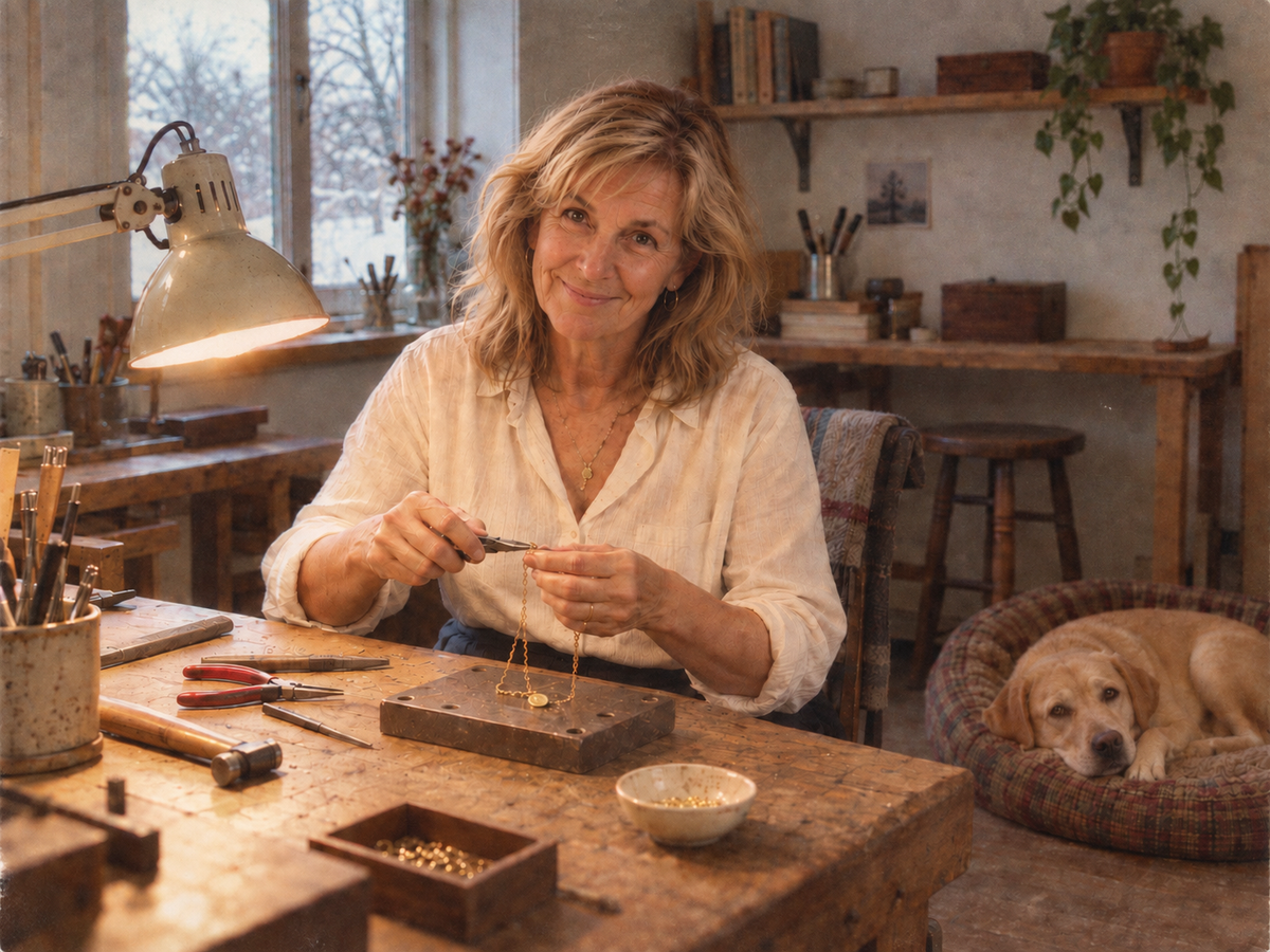 Rosalind and Biscuit in the small jewelry shop in 2001, beside her workbench.