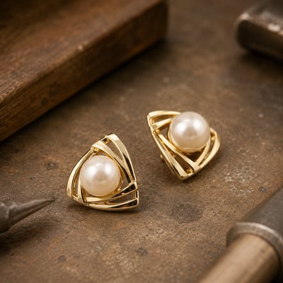 Triangular Pearl Stud Earrings