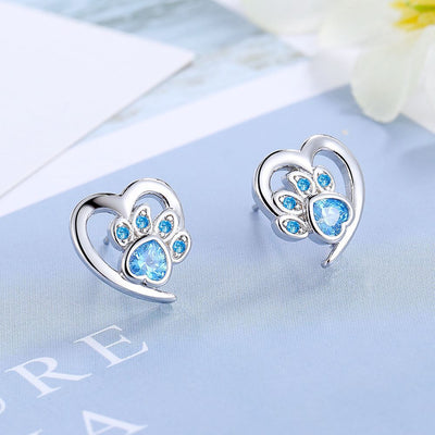 Blue Crystal Paw Heart Earrings