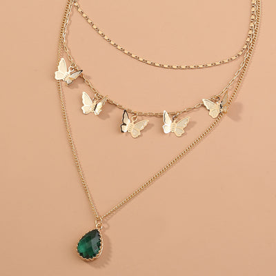 Layered Butterfly and Emerald Drop Necklace